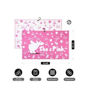 She's Pink Microfiber Waffle Golf Towel‎ Pink White Polar Bear w/ Carabiner Clip